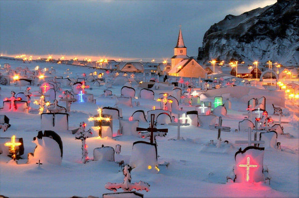 iceland christmas cemtery lights 