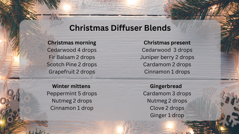 Christmas diffuser blends on wooden board with string lights and a few Christmas decorations.