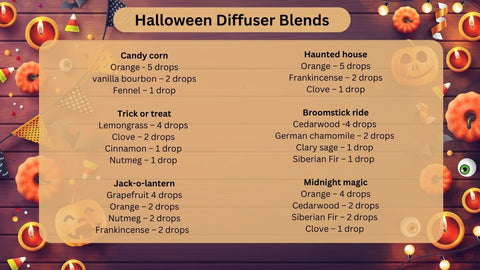 Six diffuser blends with essential oils on Halloween background.