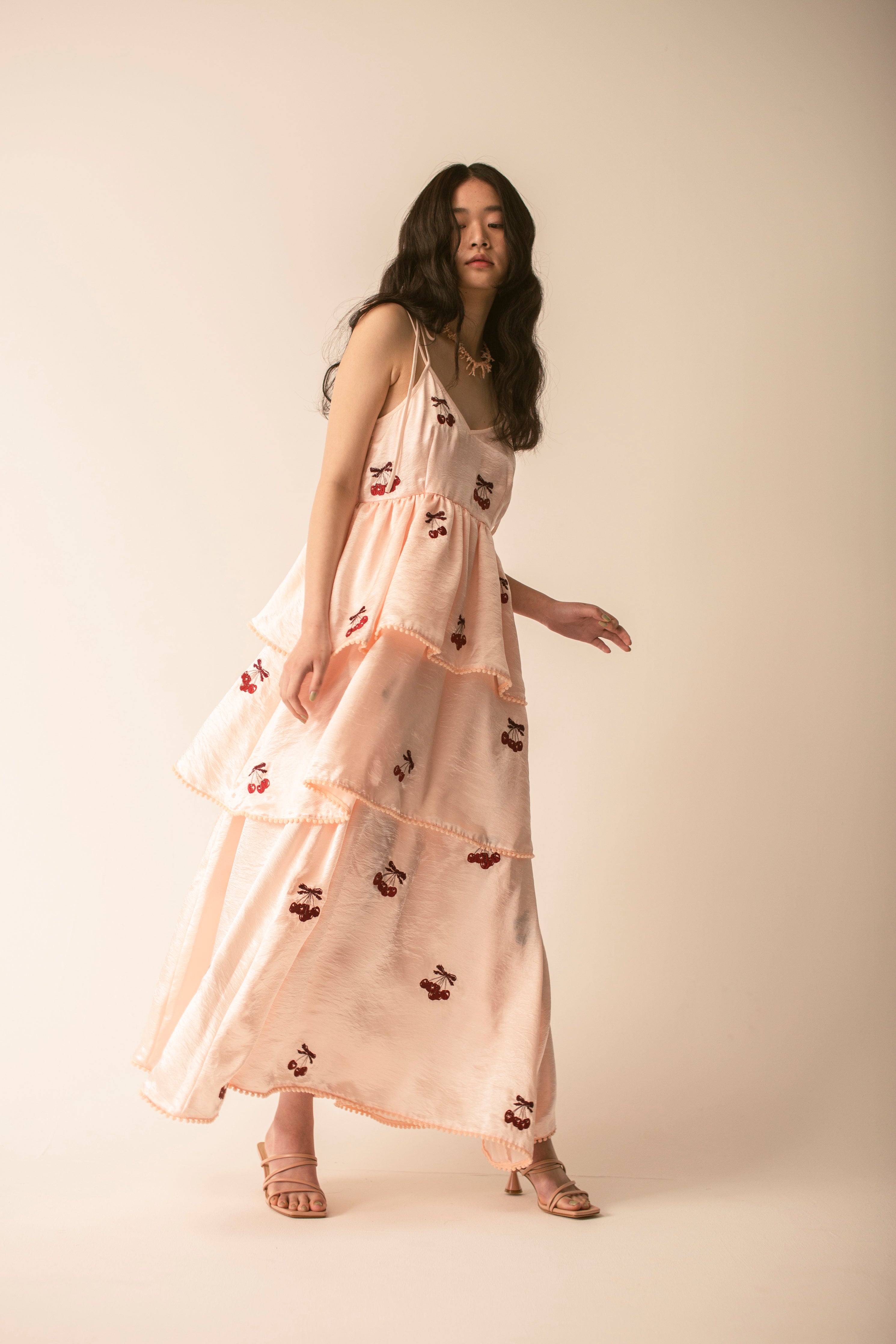 tanaka daisuke Red cherry satin dress - ロングワンピース