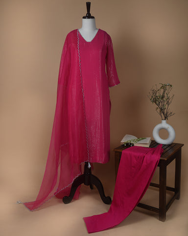 Hot Pink Ready-To-Wear Georgette Woven Straight Kurta Set With Pant And Organza Dupatta