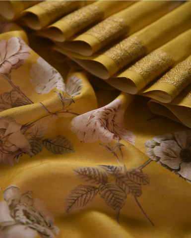 floral print Mustard Chanderi Printed Saree With Golden Woven Border And Chanderi Blouse