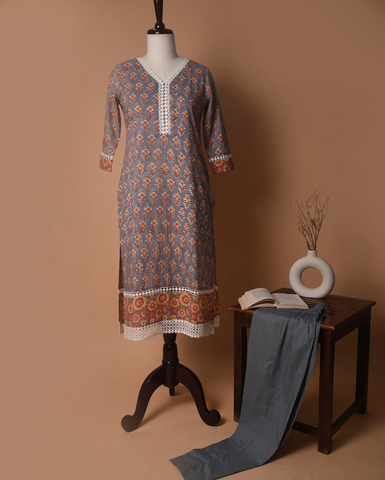 Grey Ready To Wear Pure Cotton Hand Block Printed Kurta With Pant