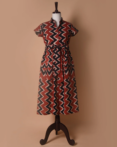 Brick Red and Black Pure Cotton Hand Block Printed Ready To Wear Dress With Belt