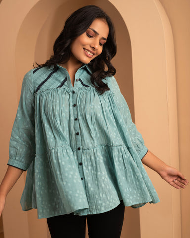 Inara - Blue Cotton Jacquard Ready To Wear Top