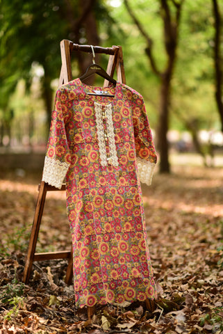 Floral Printed Schiffili Work Crochet Lace Embellished Kurta with Pant –  FASHOR