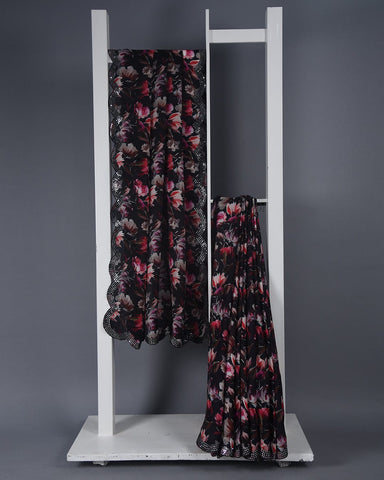 Black Satin Silk Silk Printed With Embellishments Saree With Muslin Silk Blouse