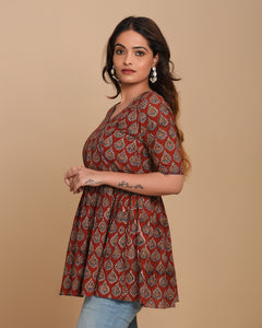 Stitched Maroon Cotton Block Printed Pleated Top