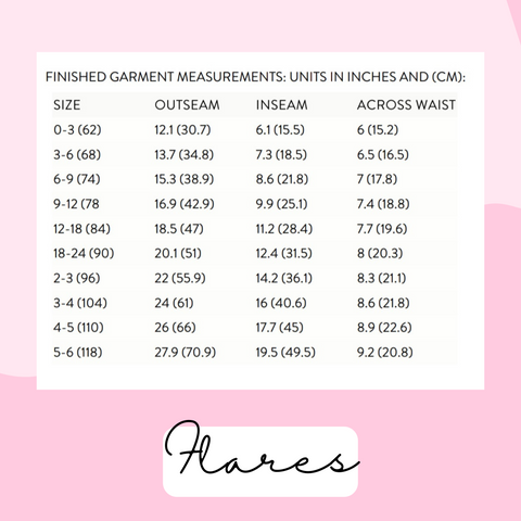 Size chart for flare pants for babies and kids
