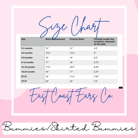 sizing chart for bummies and skirted bummies