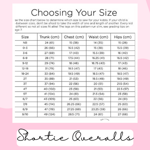 Size chart for overall shorties