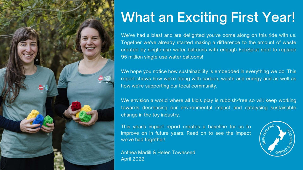 EcoSplat Impact Report page 2. Anthea Madill and Helen Townsend standing in a garden, holding EcoSplat reusable water balloons and smiling at the camera.