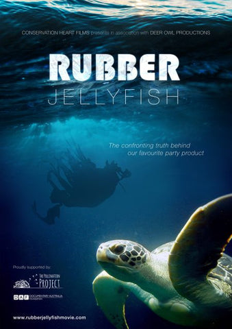 Rubber Jellyfish promotional poster. Shows a turtle and the shadow of a popped balloon floating under the surface. 