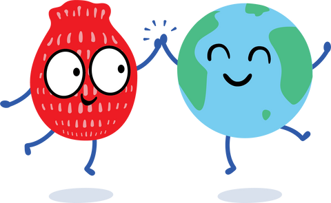 Cartoon of red EcoSplat Reusable Water Balloon hi-fiving the earth