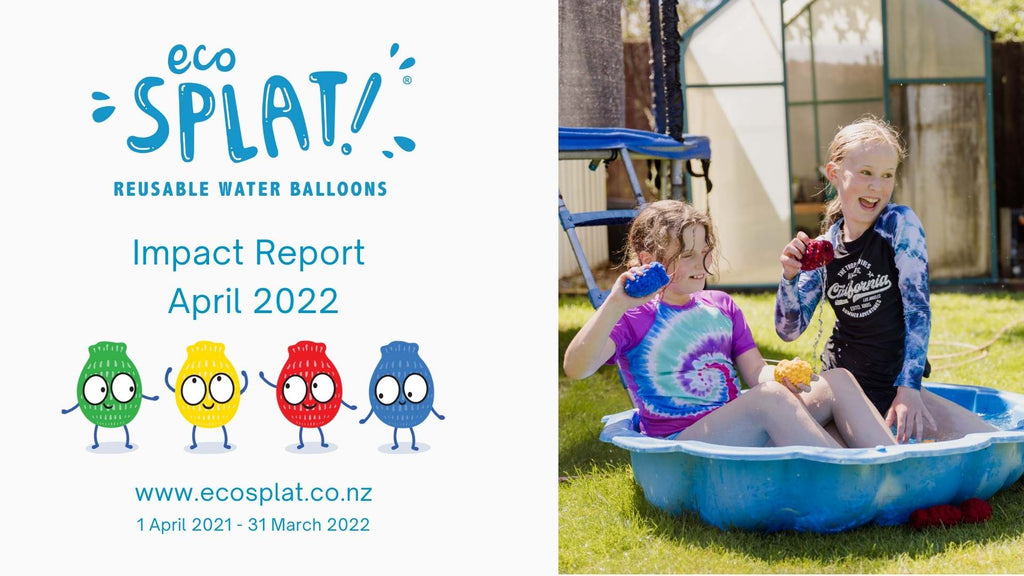 EcoSplat Reusable Water Balloons Impact Report 2022. Four EcoSplat characters and EcoSplat website www.ecosplat.co.nz