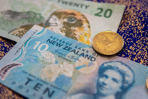 New Zealand bank notes and a coin