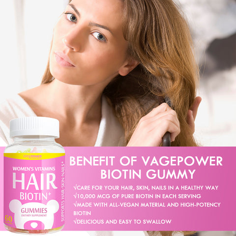 Vegepower hair biotin gummies supports hair, skin, and nails. 10,000mcg of biotin helps for hair growth