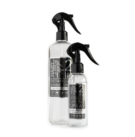 The 500ml and 125ml bottles of Hairy Pony 2-in-1 Detangler & Shine Spray, come with handy spray nozzles.