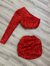 Load image into Gallery viewer, Red Sequin Ruched One Shoulder Two Piece /Made to order
