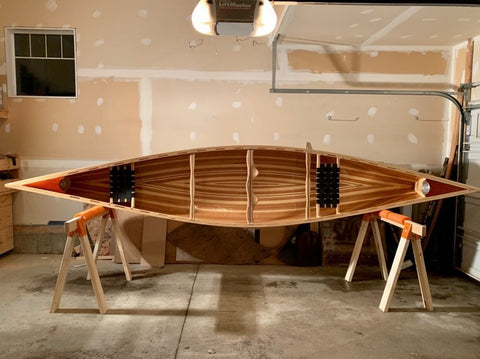 Profile view of wooden Prospector canoe hull interior