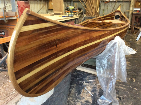 Champlain wooden canoe, now off the molds and turned over in its cradle