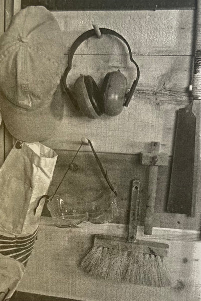 black and white photo of useful safety equipment for boat builders - ear protection and safety glasses