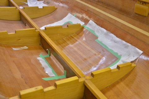 Inside of the canoe with the final coats of epoxy.