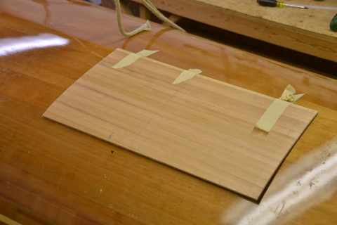 Panel trimmed to size and positioned over the hole on the canoe