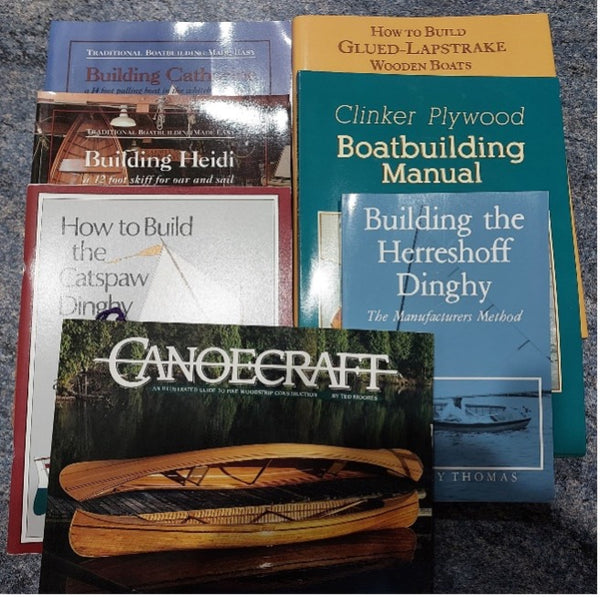 A selection of books on boat building, including Canoecraft