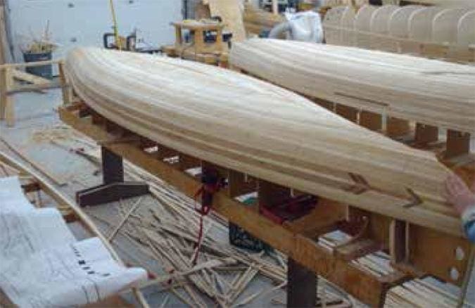 Liam Karkin’s 16’ Prospector cedar strip canoe in the shop