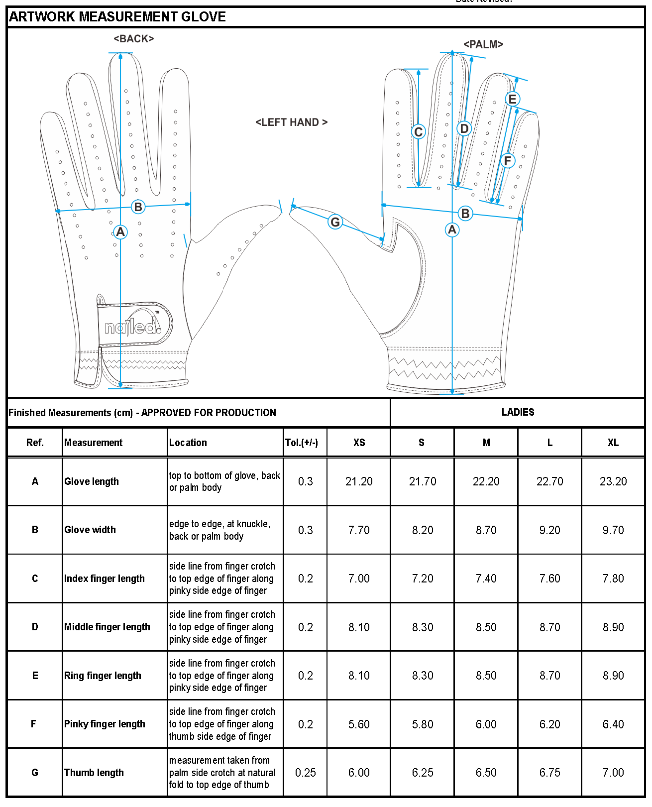 golf glove size chart