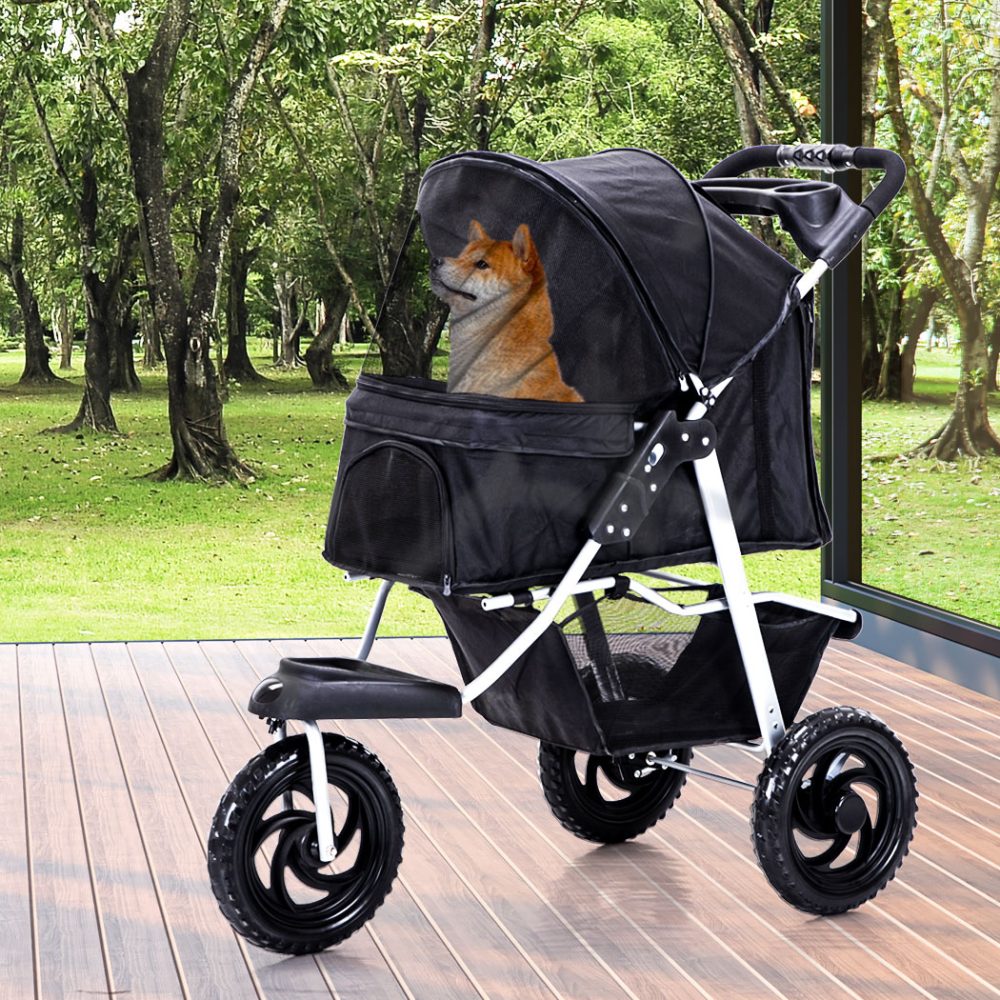 pet stroller with dog inside that looks silly