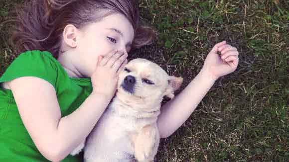 Girl whispering into her pet dogs ear