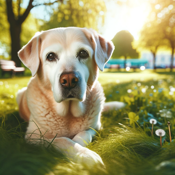 Senior dog with a gentle expression, resting in a sunny park setting, to convey the peaceful nature of older pets.