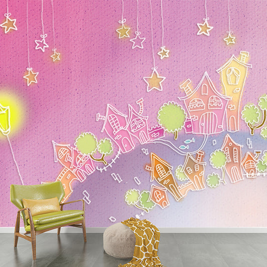 Pink String of Castles Mural Cartoon Childrens Art Moisture