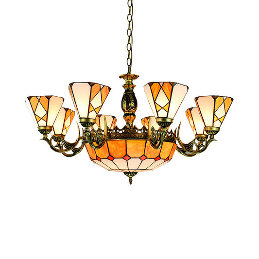 12 Arms Parrot Suspension Light Rustic Stained Glass Chandelier Light with  Center Bowl in Yellow - Clearhalo