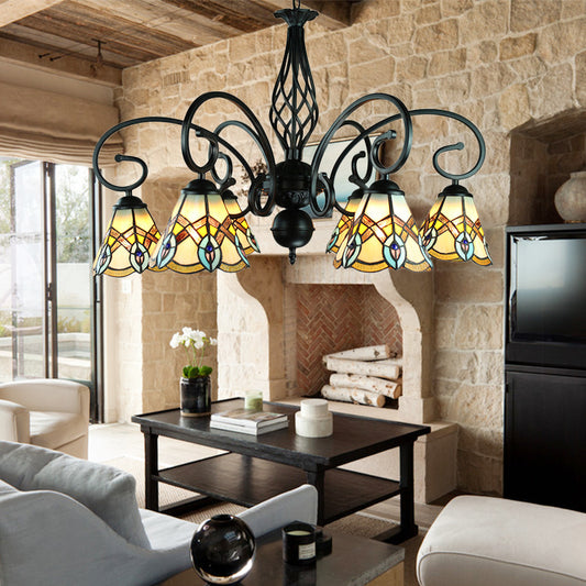 12 Arms Parrot Suspension Light Rustic Stained Glass Chandelier Light with  Center Bowl in Yellow - Clearhalo