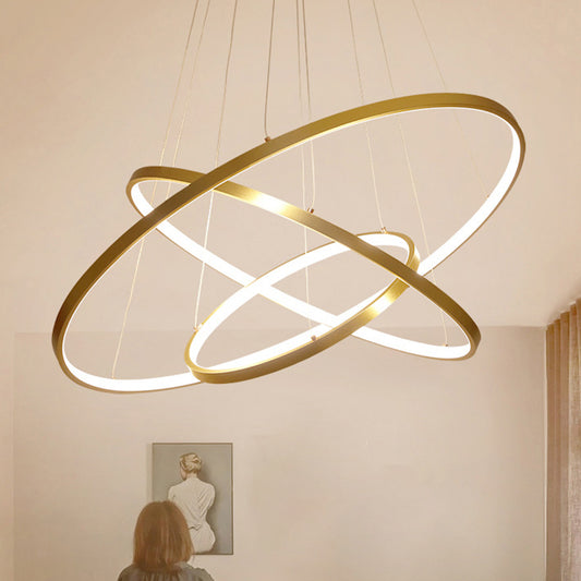 Minimalist 3/5 Tiers LED Pendant Lighting Stainless Steel Living Room  Extra-Slim Hoop Chandelier in Gold