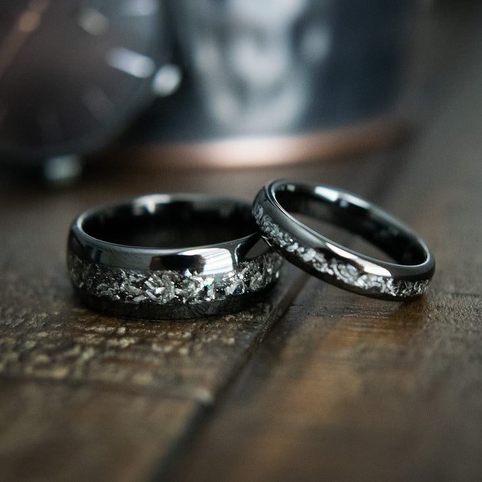 black tungsten and meteorite unique couples’ rings