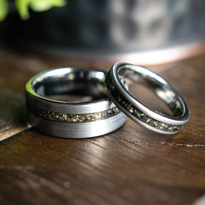 his and hers matching tungsten and meteorite wedding ring set