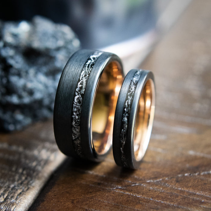rose gold couple’s wedding bands