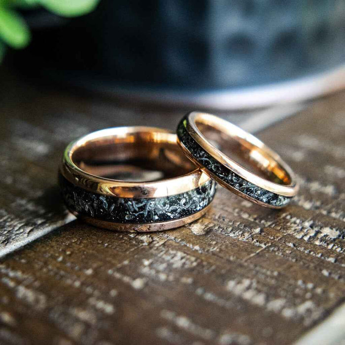 rose gold and meteorite unique couple’s rings