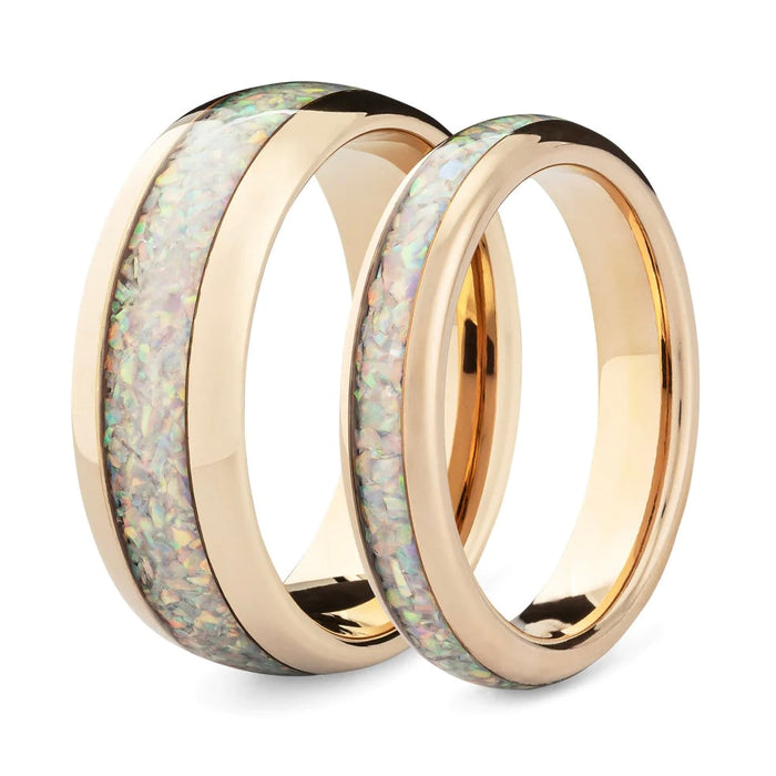 unique 14k rose gold-plated tungsten and white opal unique couples’ rings