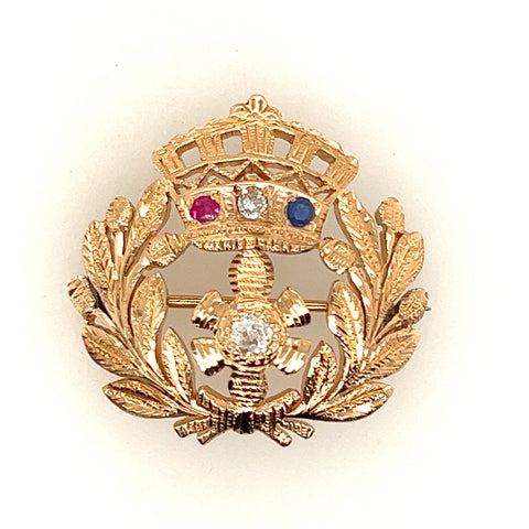 18ct yellow gold brooch, ruby, sapphire and diamond.