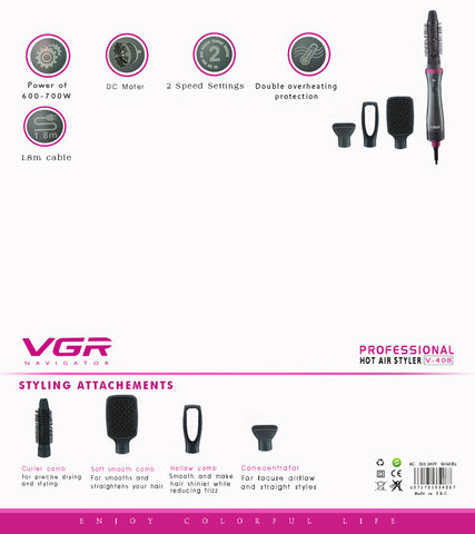 VGR V-408 Professional Hot Air Style Combo Pack of Roller Comb, Hollow Comb, Concentrator Nozzle & Hair Brush Electric Hair Styler Grooming kit