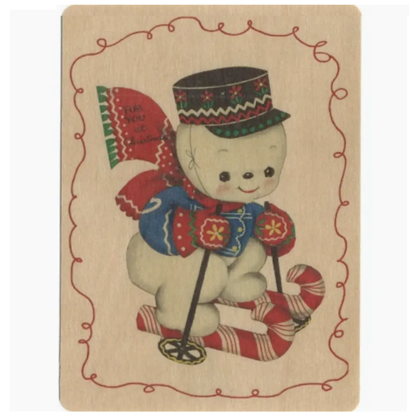 Wood Flat Card - Skiing Snowman