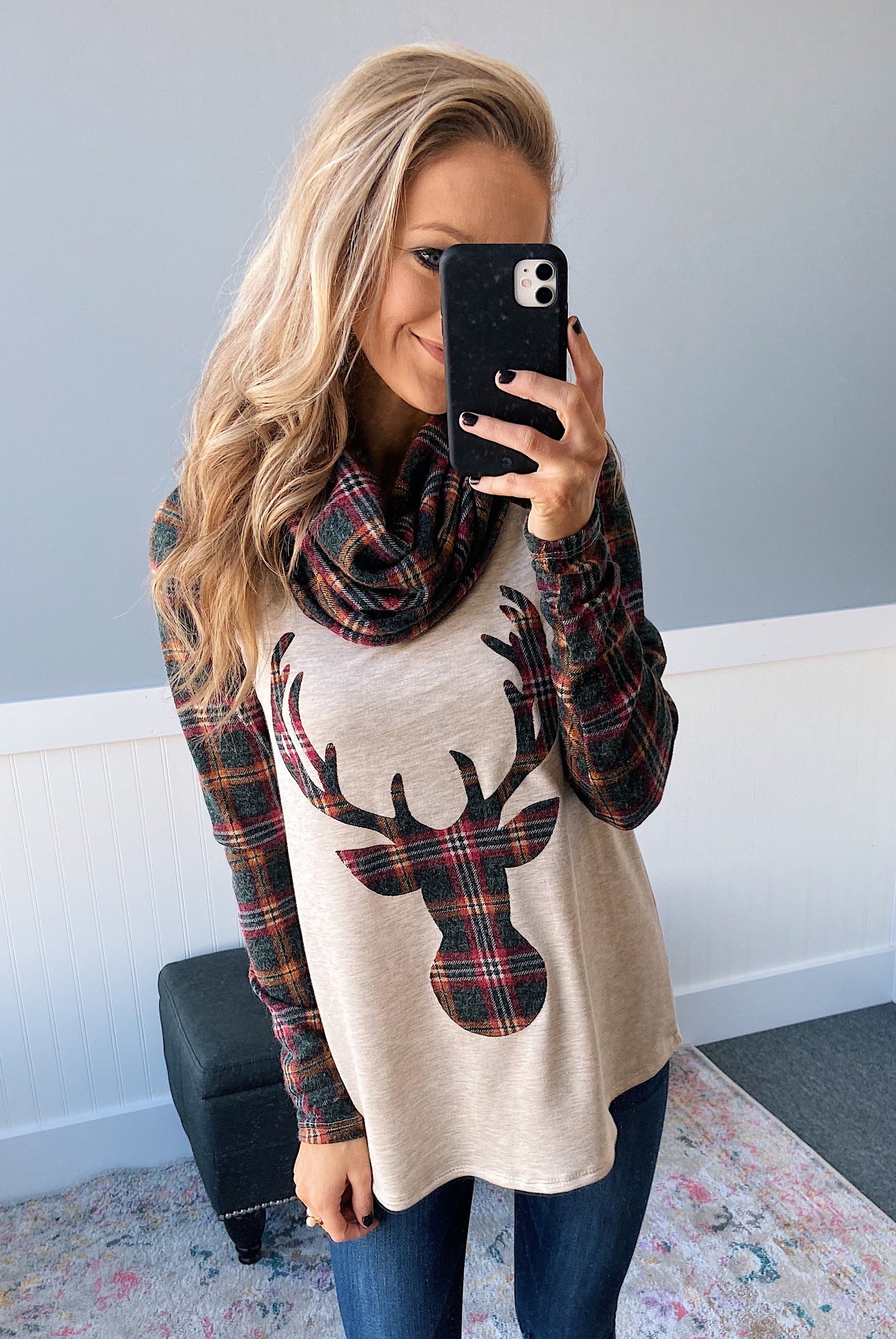 Plaid Reindeer Cowl Neck Top- Oatmeal & Green – The Pulse Boutique