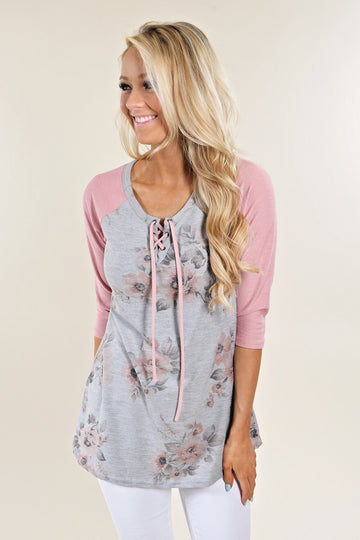 3/4 Sleeve Pink & Grey Floral Top – The Pulse Boutique