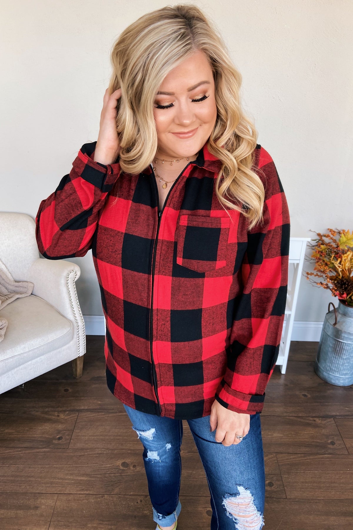 Cabin Fever Zip-Up Jacket- Buffalo Plaid - The Pulse Boutique