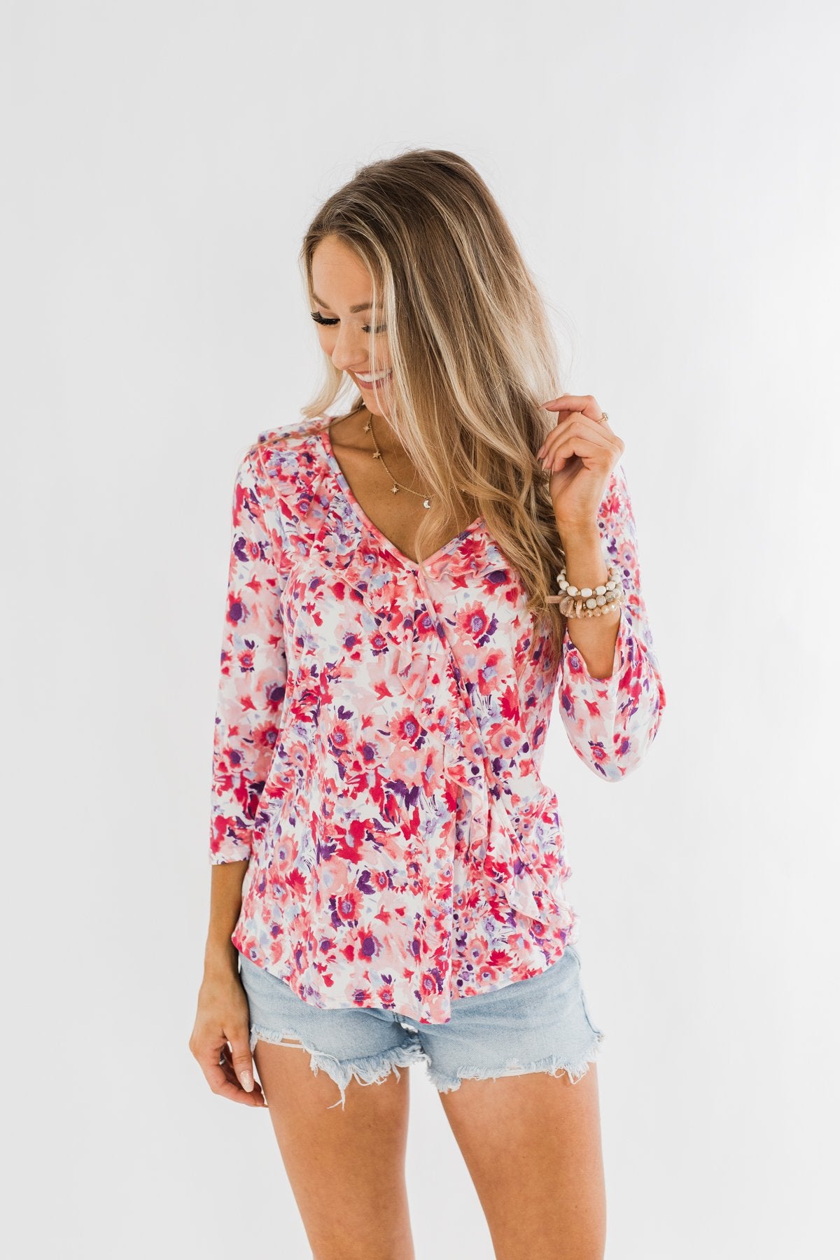 Floral Ruffle 3/4 Sleeve Top- Pink, Purple, Blue – The Pulse Boutique